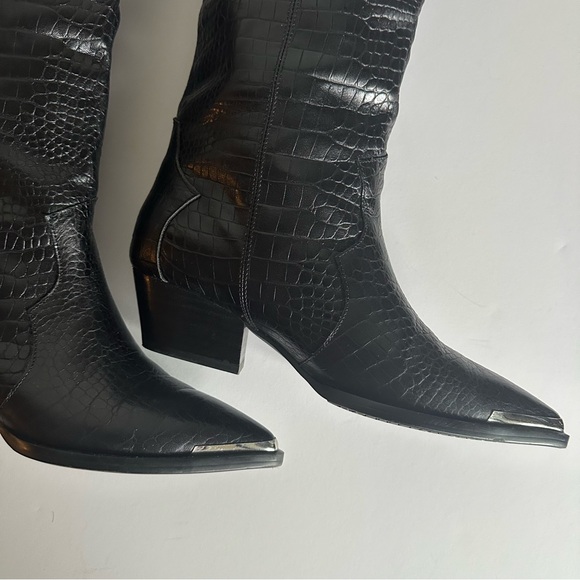 Black Leather Croc-Embossed Knee-High Boots Metal Toe Cap EU 39/ US 8.5-9 - Picture 12 of 16